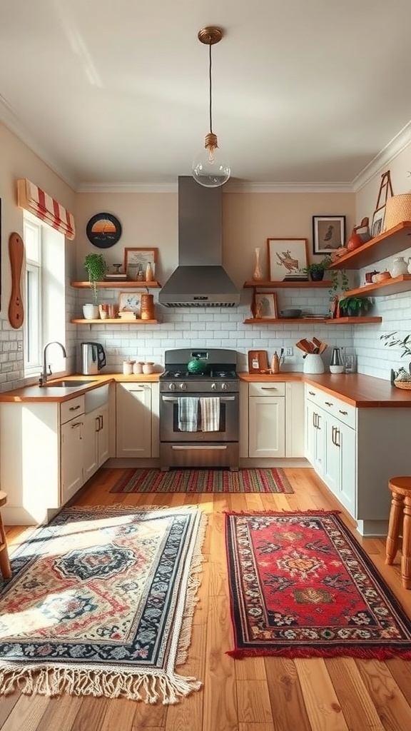 An eclectic kitchen featuring layered rugs, a stove, and wooden shelves.
