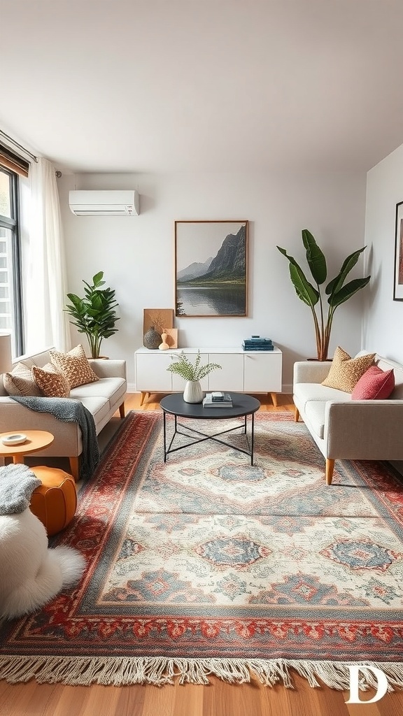 A cozy living room with layered rugs, featuring a large patterned rug over a smaller solid-colored one, complemented by stylish furniture and decor.