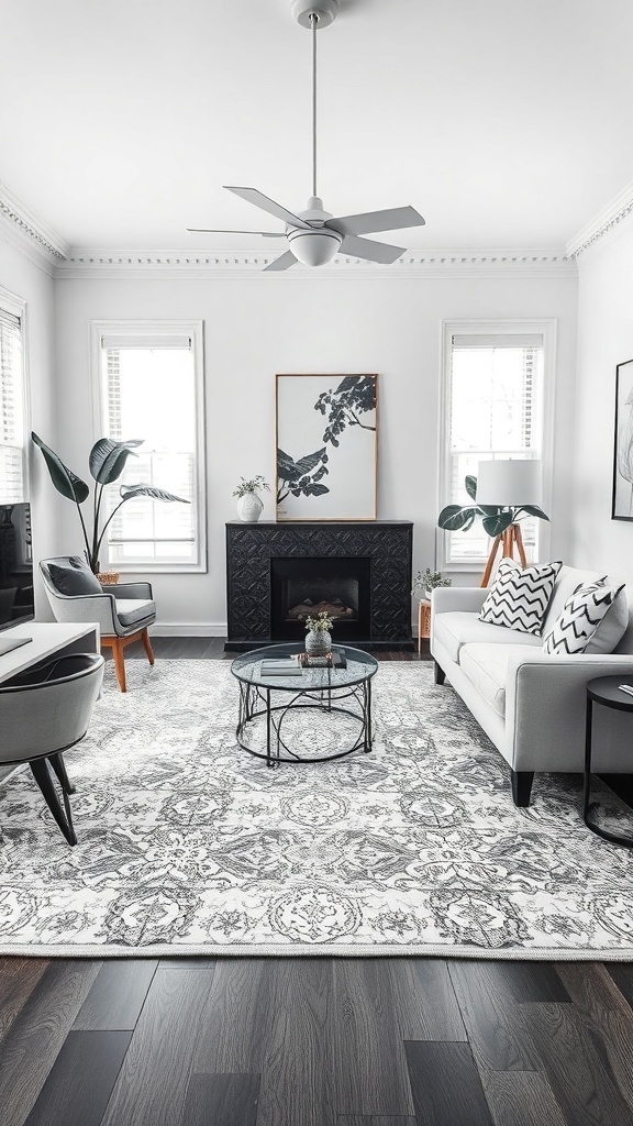 A stylish black and white living room featuring layered rugs, a modern coffee table, and comfortable seating.