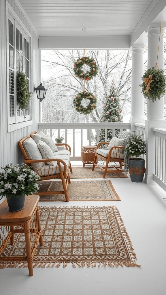 A winter porch decorated with layered rugs, showcasing a cozy seating area with wreaths and plants.