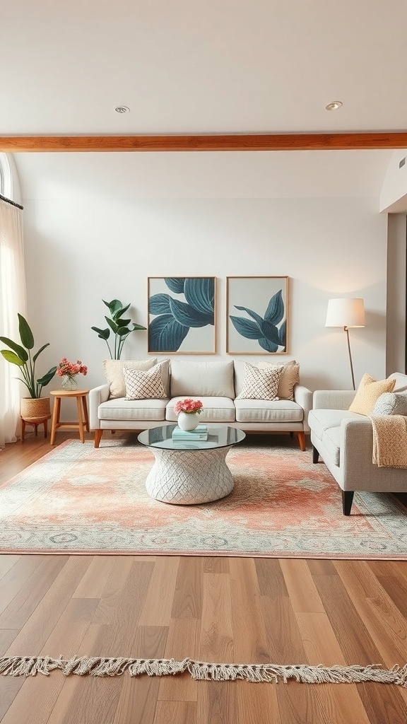 A modern rustic living room featuring layered rugs, a coffee table, and plants.
