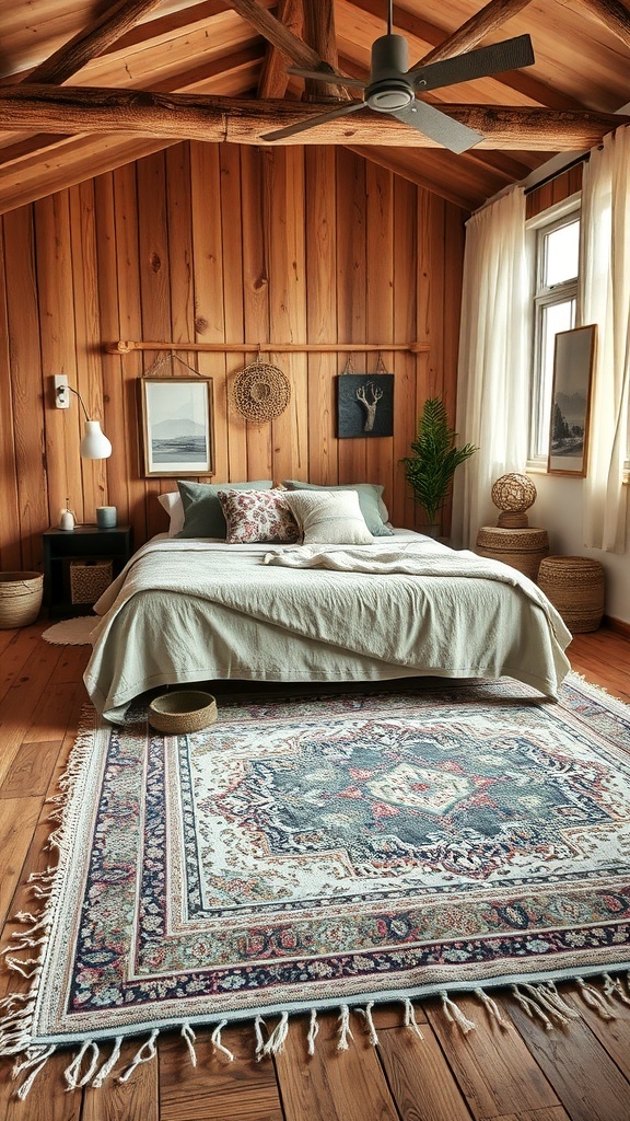 A rustic bedroom featuring layered rugs, wooden walls, and a cozy bed.