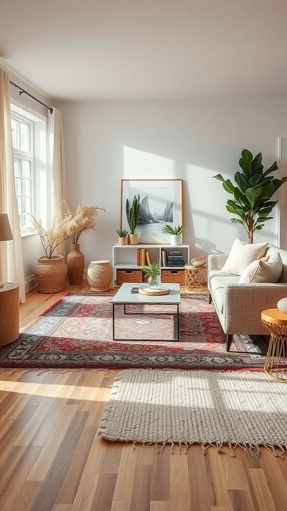 A cozy living room featuring layered rugs, plants, and warm lighting.