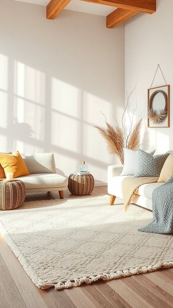 A cozy living room with layered rugs, warm wood accents, and stylish throw pillows.