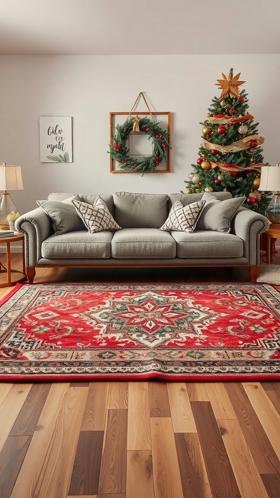 A cozy living room with a gray couch, red layered rug, Christmas tree, and holiday decorations.