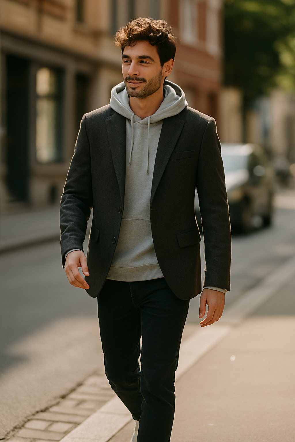 A man walking on the street wearing a blazer over a hoodie, paired with dark jeans and sneakers.