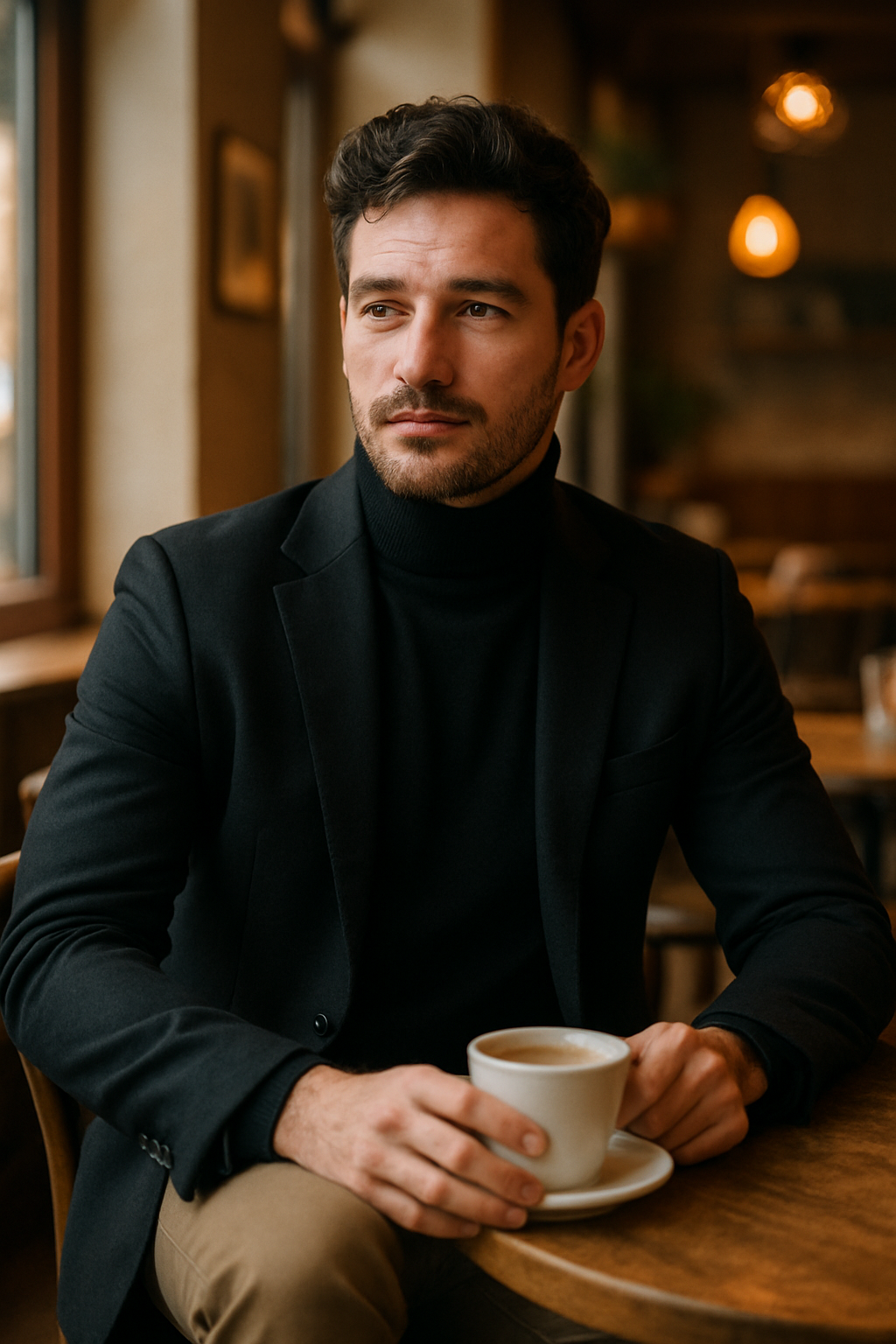 A man wearing a black blazer and turtleneck sweater, sitting in a café with a cup of coffee.