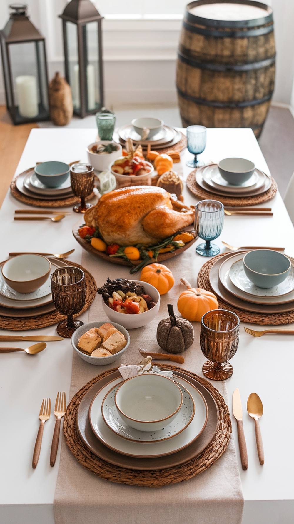 A beautifully set Thanksgiving table with layered linens, featuring a turkey, decorative pumpkins, and various dishes.