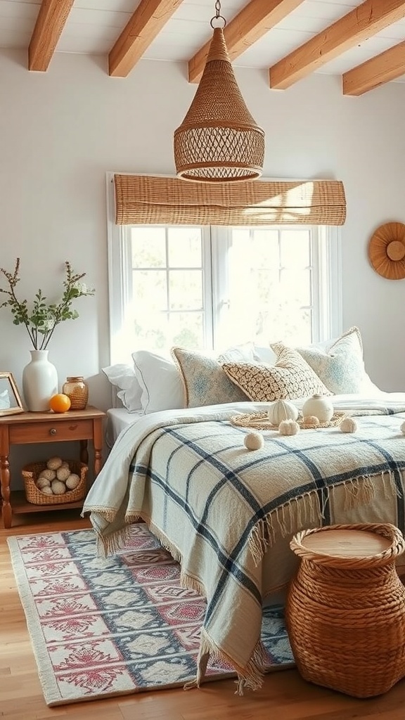 A boho farmhouse bedroom featuring layered textiles, a plaid blanket, and a patterned rug.