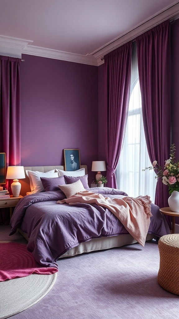 A romantic purple bedroom featuring layered textiles, including rich curtains and soft throws.