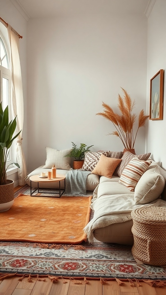 Cozy reading room with layered textiles, featuring a neutral sofa with cushions, an orange rug, and plants.