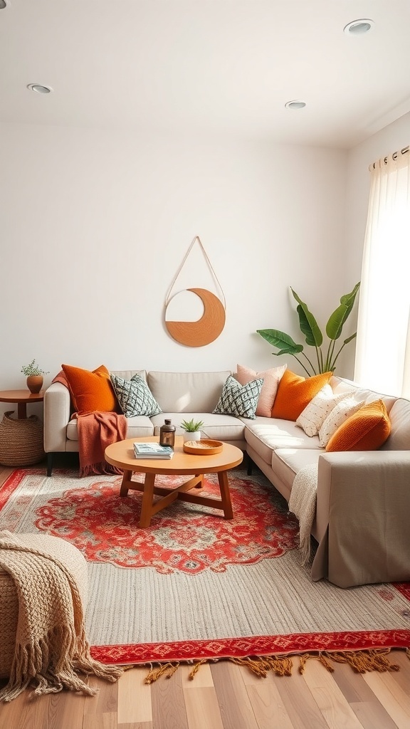 A cozy boho living room with a neutral couch, colorful pillows, a patterned area rug, and a potted plant.