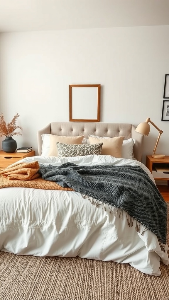 Cozy teen bedroom with layered textiles including a white comforter, gray and orange throws, and decorative pillows.