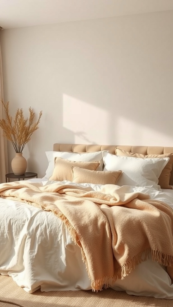 A cozy beige bedroom with layered textiles, featuring a bed with soft blankets and pillows, and a vase of dried flowers.
