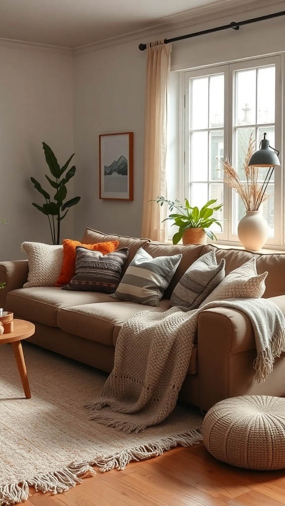 A cozy living room featuring a light brown couch with layered textiles, colorful cushions, and a soft area rug.