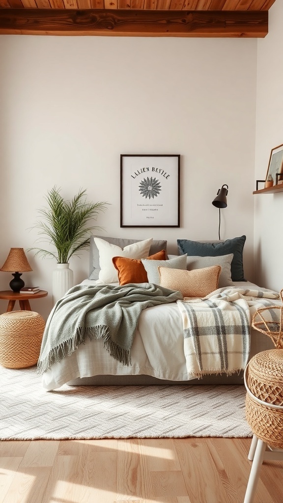A cozy bedroom with layered textiles, including a bed with various pillows and blankets, a woven rug, and decorative elements.