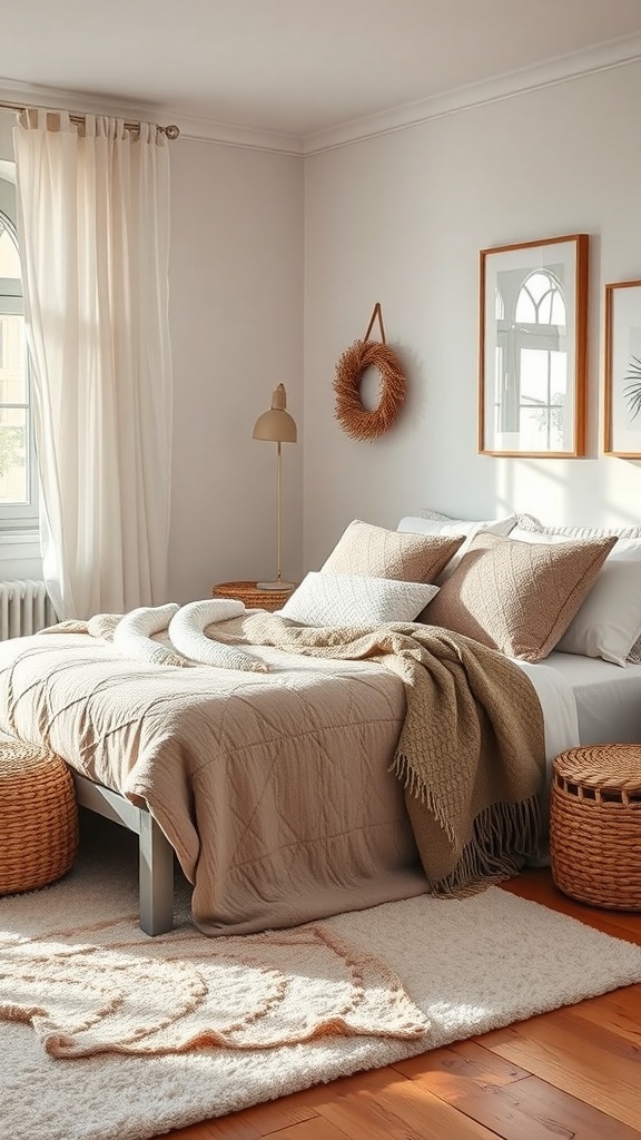 A cozy modern bedroom featuring layered textiles, neutral colors, and natural materials.