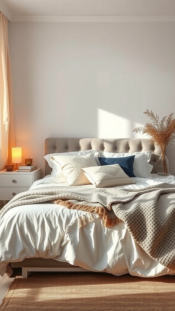 A cozy bedroom featuring layered textiles, including a plush bed with various pillows and a warm throw, complemented by soft lighting and a plant.