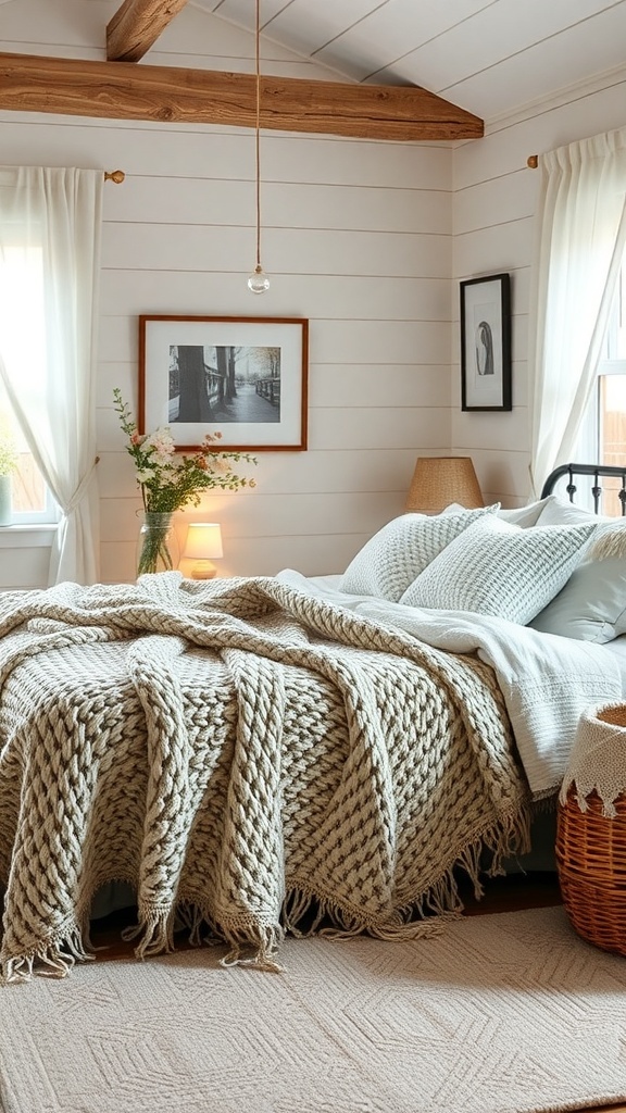 A cozy cottage bedroom featuring layered textiles, including a chunky knit blanket, various pillows, and a woven basket.