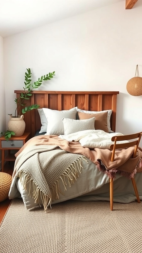 A cozy small bedroom featuring a layered bed with various textiles, a wooden headboard, and a potted plant.