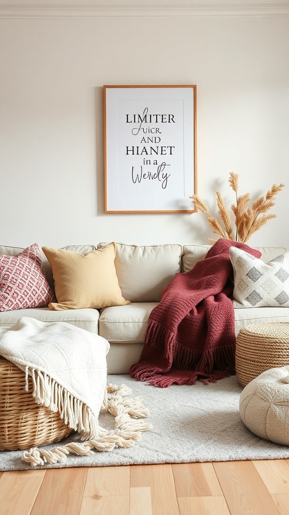 Cozy living room with layered textiles including pillows, a throw blanket, and woven baskets.