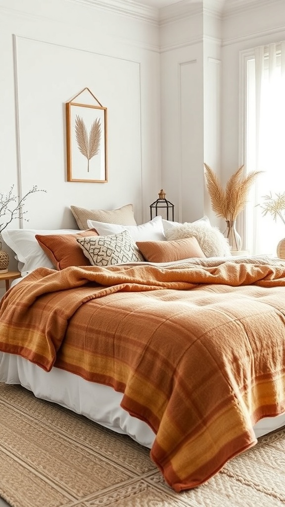 Cozy bedroom with layered textiles, featuring a warm striped blanket, soft pillows, and a woven rug.