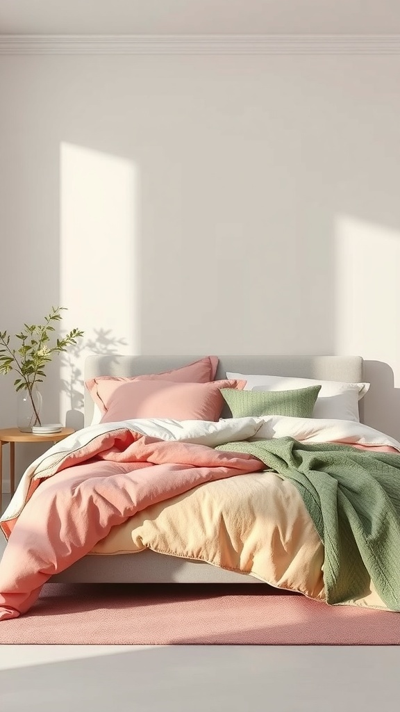 A cozy pink and green bedroom with layered textiles on the bed, including pillows and a throw blanket.