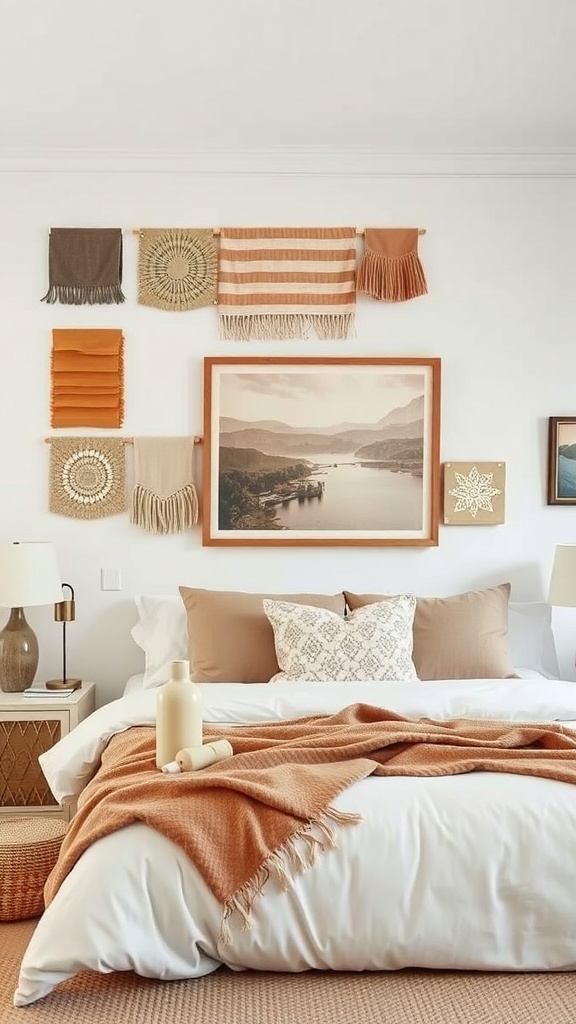 A cozy bedroom featuring layered textile wall art with earthy tones and a large framed landscape photo.
