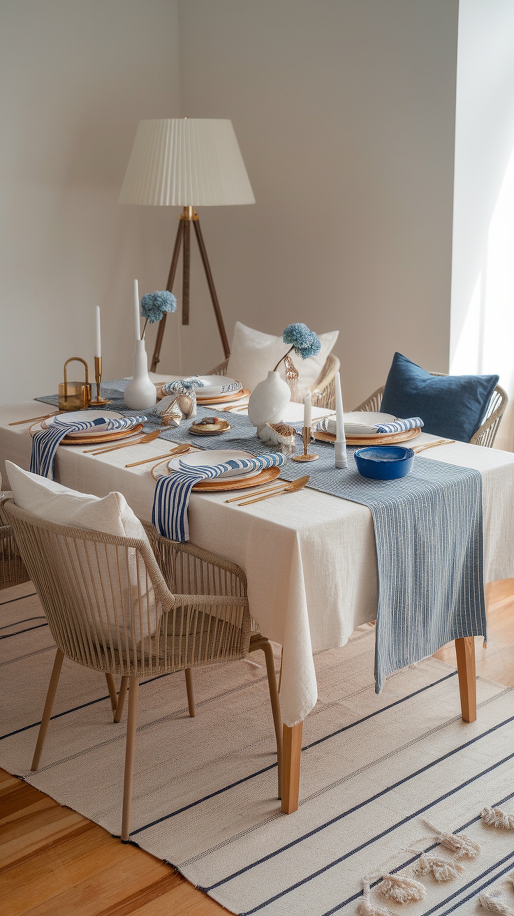 A boho Thanksgiving table with layered textiles, featuring a light tablecloth, a blue striped runner, and unique place settings.