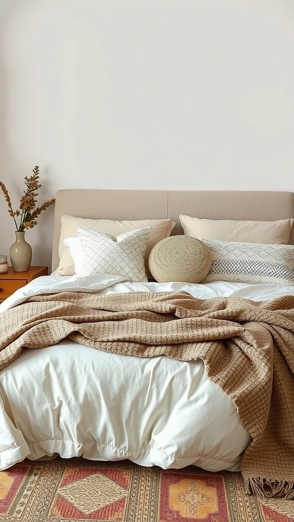 A modern farmhouse bedroom featuring layered textiles with a neutral bedding set, knitted throw, and decorative pillows.