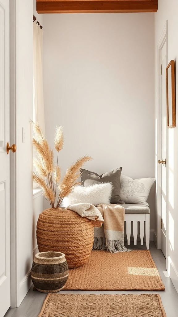 A rustic entryway featuring layered textiles, including pillows, a throw, and woven rugs.