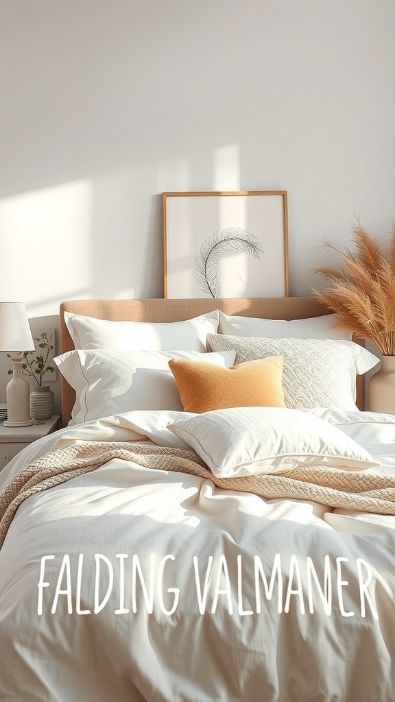A cozy bedroom featuring layered textiles with white bedding, fluffy pillows, and an orange accent pillow.