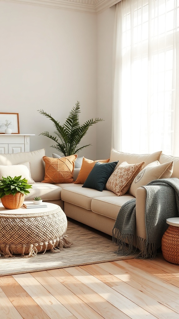 Cozy minimalist living room with layered textiles, including cushions, a throw blanket, and a woven pouf.