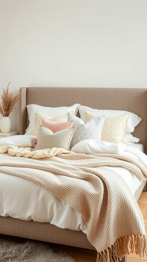 A cozy bedroom featuring a layered bed with various textiles and soft colors.