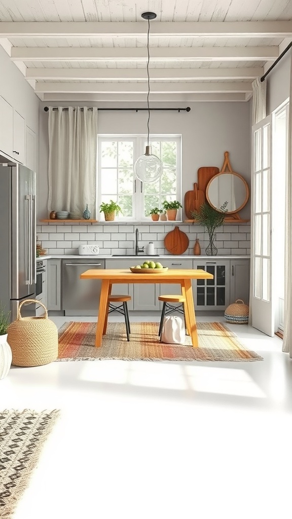 A cozy kitchen featuring a wooden table, gray cabinets, woven rugs, and plants.