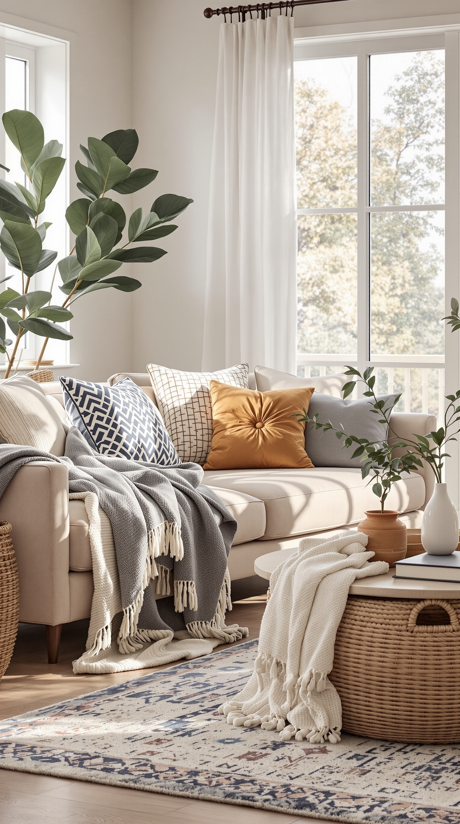 A cozy living room with layered textures, featuring a sofa with pillows, throw blankets, a rug, and plants.
