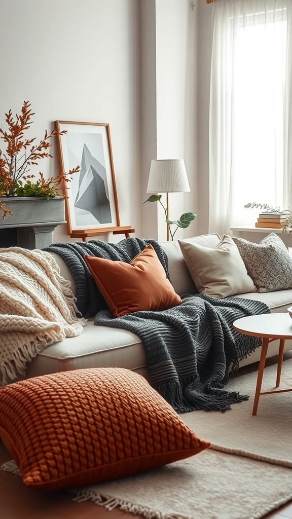 Cozy apartment living room with layered textures, including a sofa with throws and cushions, a rug, and natural light.