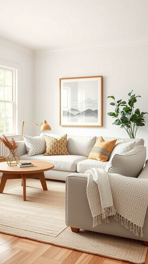 A cozy living room featuring a light sofa with patterned cushions, a throw blanket, a wooden coffee table, and a plant.
