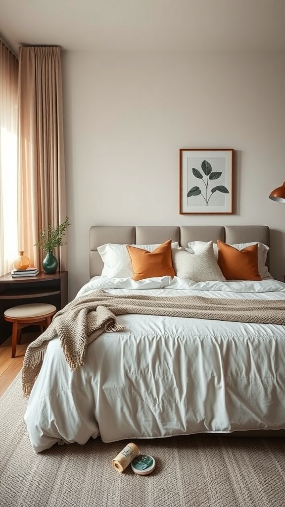 A modern bedroom featuring layered textures with white bedding, orange pillows, a knitted throw, and natural decor elements.