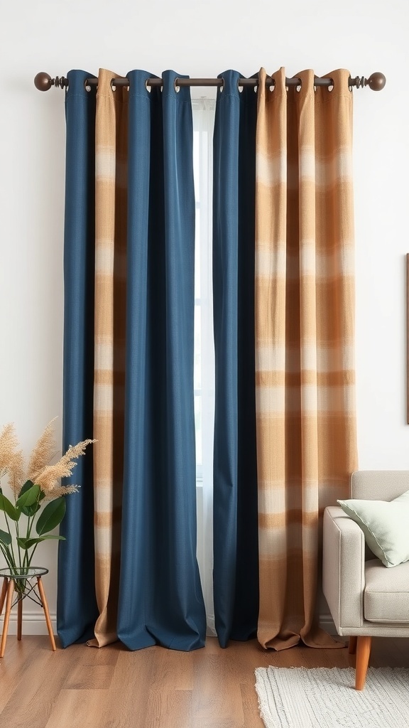 A living room with layered curtains featuring blue and patterned fabrics on a double curtain rod.