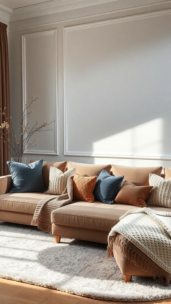 A cozy luxury living room featuring a beige sofa with layered cushions and throws, complemented by natural decor and warm sunlight.