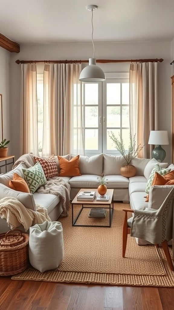 Cozy rustic living room with layered textures, featuring a sectional sofa, colorful cushions, a woven rug, and natural light.