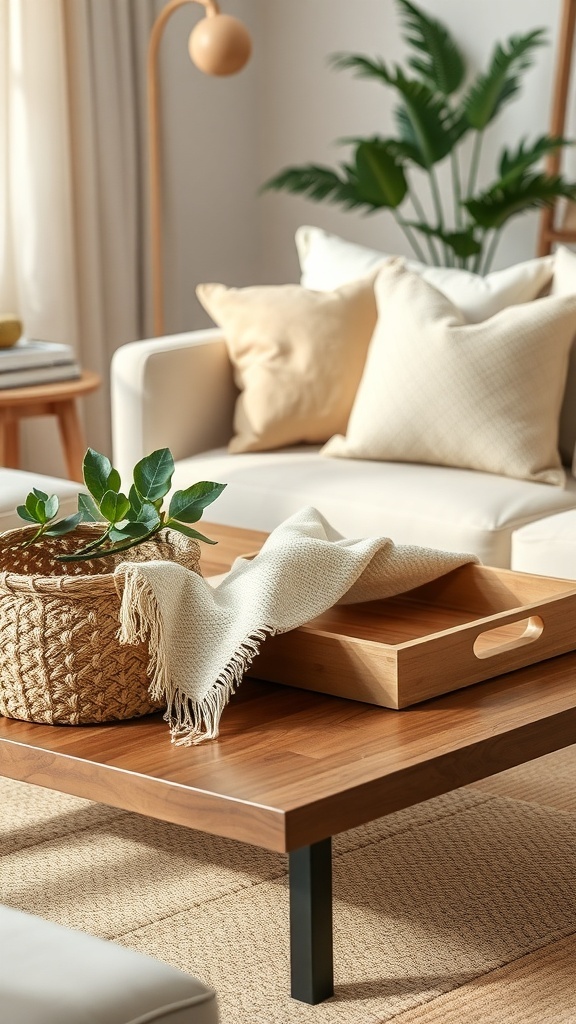 A cozy coffee table decor featuring a wooden table with a woven basket, a soft throw, and a plant.