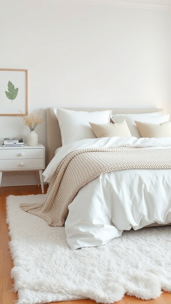 A cozy white bedroom featuring layered textures with a fluffy rug, knitted throw, and decorative pillows.