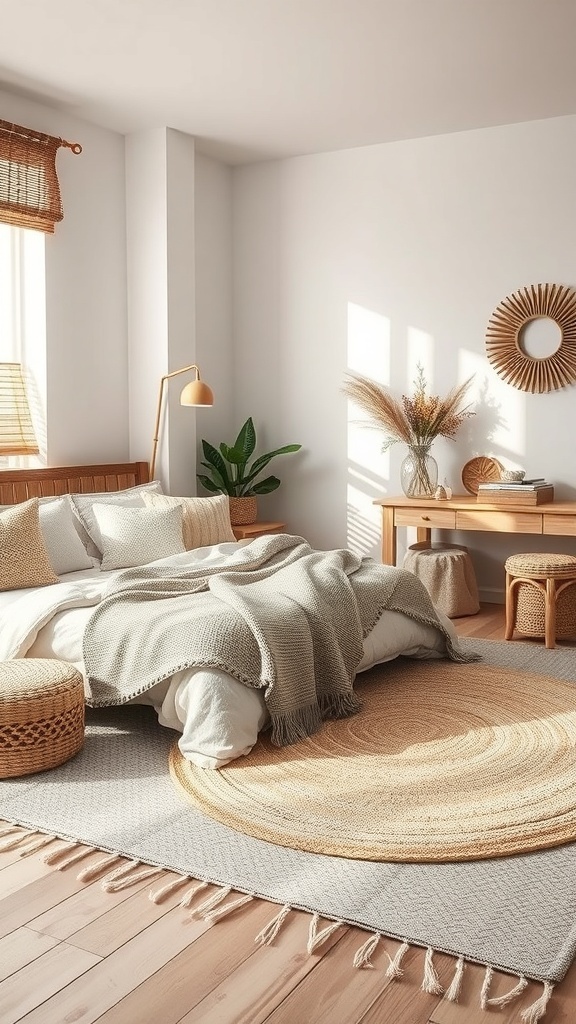 A rustic romantic bedroom featuring layered textures with soft bedding, a chunky knit throw, and natural elements like wooden furniture and plants.