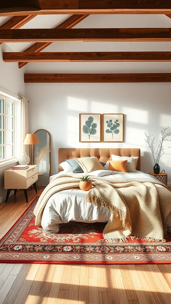 A modern teen boy bedroom featuring layered textures with a cozy bed, colorful pillows, and a warm area rug.