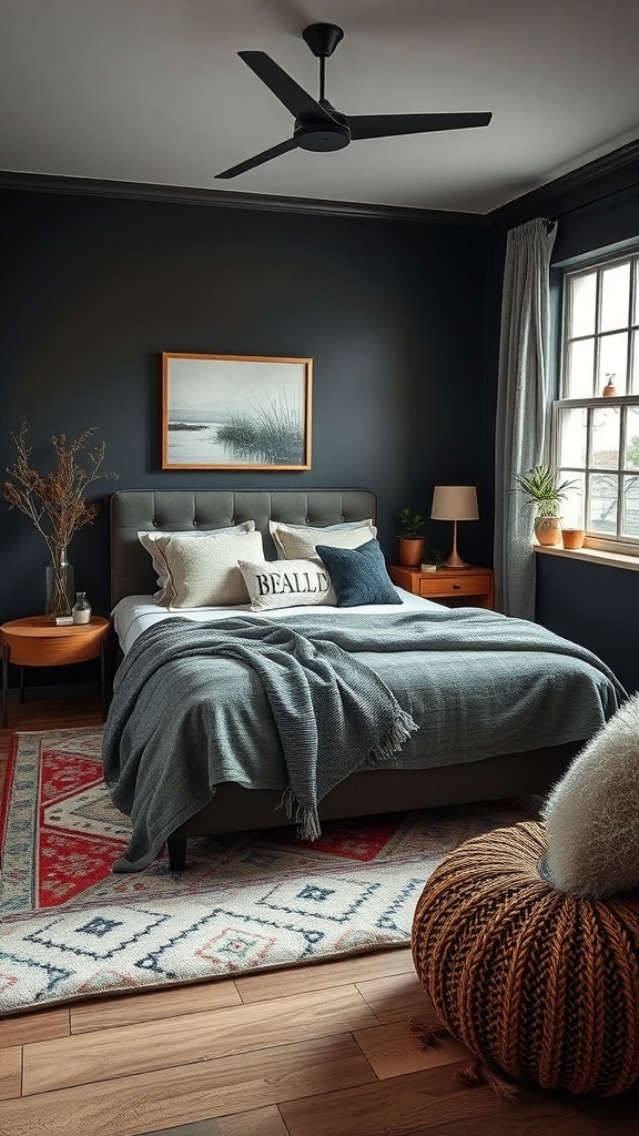 A dark teen bedroom featuring layered textures with a cozy bed, decorative pillows, a patterned rug, and a woven pouf.