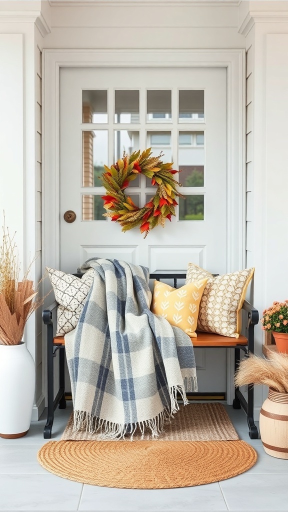 A cozy winter front door decor featuring a plaid blanket on a bench, colorful pillows, a wreath, and decorative plants.