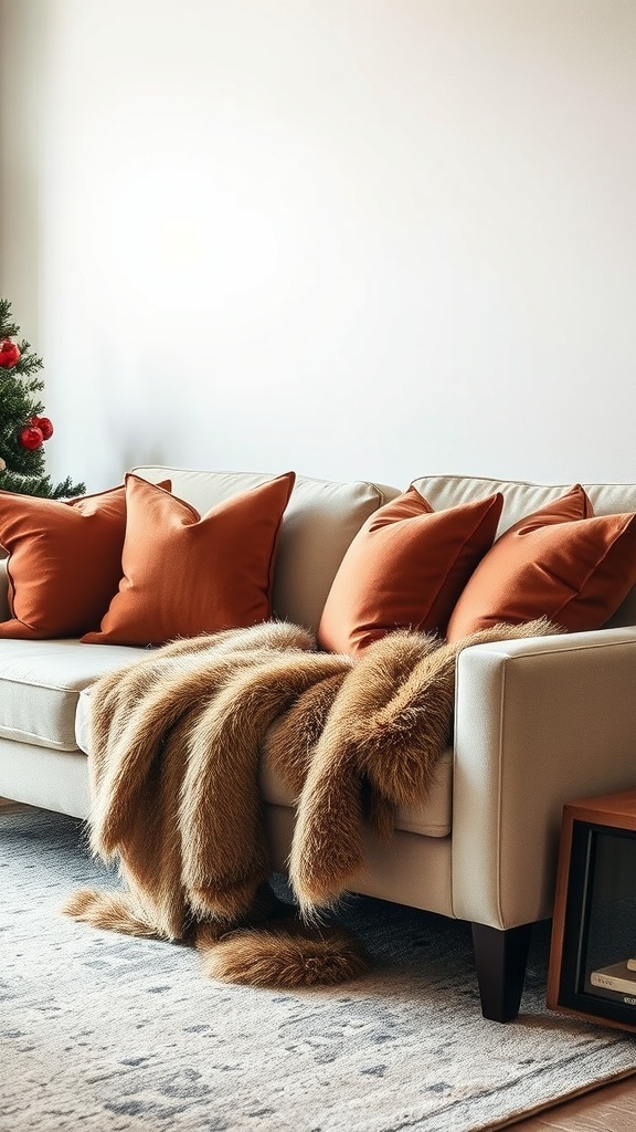 A cozy couch decorated with faux fur throws and warm pillows, perfect for Christmas decor.