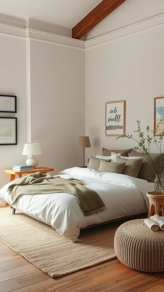 A cozy neutral bedroom featuring layered textures with a white bed, beige cushions, a chunky knit throw, wooden furniture, and a natural fiber rug.